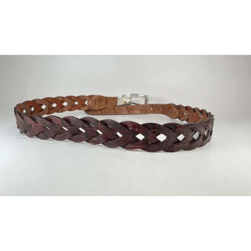 Dark Brown Tan Reversible Braided Belt Mock Croc Silver Buckle XL